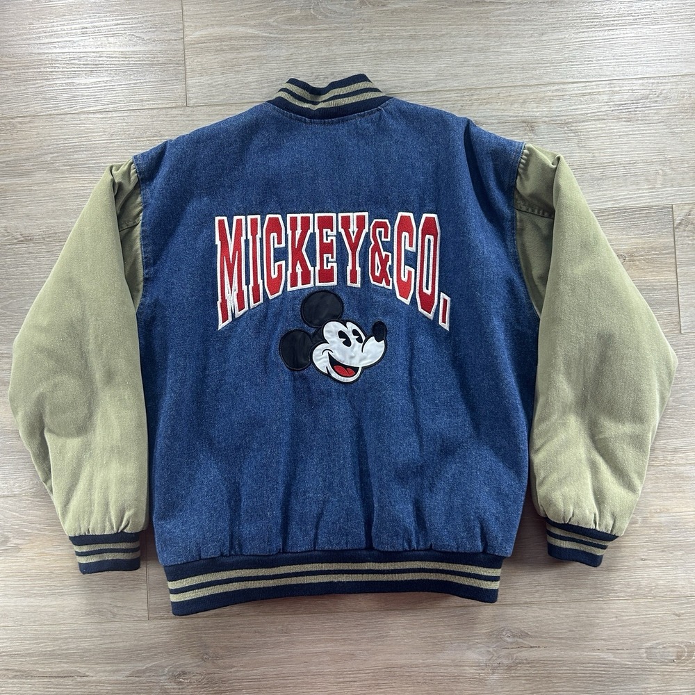 Vintage Medium Mickey Mouse Denim Varsity Jacket  90's Disney Store Mickey & Co.